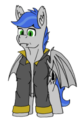 Size: 1713x2581 | Tagged: safe, artist:summerium, oc, oc only, oc:shade stride, species:bat pony, bat wings, clothing, ear fluff, fangs, front view, jacket, male, sierra nevada, simple background, solo, transparent background, wings