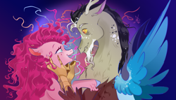 Size: 2019x1152 | Tagged: safe, artist:bunnari, character:discord, character:pinkie pie, species:draconequus, species:earth pony, species:pony, ship:discopie, bust, eye contact, female, floppy ears, looking at each other, male, mare, messy mane, profile, shipping, smiling, spread wings, straight, unshorn fetlocks, wings