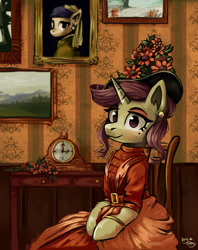 Size: 2225x2805 | Tagged: safe, artist:amy-gamy, oc, oc only, oc:lavrushka, species:pony, species:unicorn, bust, chair, clothing, dress, female, flower hat, hat, indoors, looking at you, mare, painting, portrait, sitting, solo, three quarter view, victorian