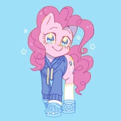 Size: 2048x2048 | Tagged: safe, artist:cassettepony, artist:chapaghettii, character:pinkie pie, species:earth pony, species:pony, blue background, clothing, crocs, cute, diapinkes, female, high res, hoodie, looking at you, mare, no pupils, simple background, socks, solo, stars