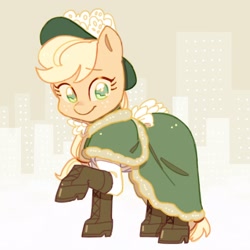Size: 2048x2048 | Tagged: safe, artist:chapaghettii, character:applejack, species:earth pony, species:pony, applejack also dresses in style, boots, clothing, cute, dress, female, hat, high res, jackabetes, mare, no pupils, raised hoof, shoes, solo