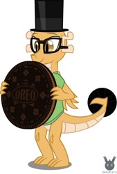 Size: 797x1179 | Tagged: safe, artist:wheatley r.h., derpibooru original, oc, oc:myoozik the dragon, species:dragon, brown eyes, chocolate, clothing, cookie, dragon oc, folded wings, food, giant cookie, glasses, happy, hat, holding, male, oreo, raised tail, shirt, simple background, solo, standing, tail, top hat, vector, watermark, white background, wings