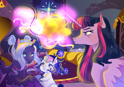 Size: 1495x1057 | Tagged: safe, artist:bunnari, character:twilight sparkle, character:twilight sparkle (alicorn), oc, oc:astral tone, oc:spectra nocturna, parent:nightmare moon, parent:twilight sparkle, parents:twimoon, species:alicorn, species:pony, species:unicorn, female, filly, magic, magical lesbian spawn, offspring