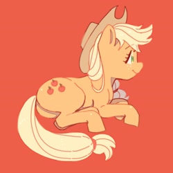 Size: 2048x2048 | Tagged: safe, artist:chapaghettii, character:applejack, species:earth pony, species:pony, applejack's hat, clothing, cowboy hat, cute, female, hat, high res, jackabetes, looking away, lying down, mare, orange background, profile, prone, simple background, solo