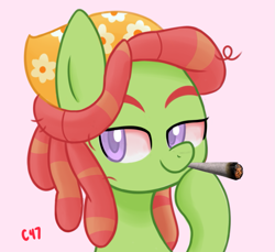 Size: 829x759 | Tagged: safe, artist:handgunboi, character:tree hugger, species:earth pony, species:pony, blunt, bust, colored pupils, female, high, mare, portrait, simple background, solo