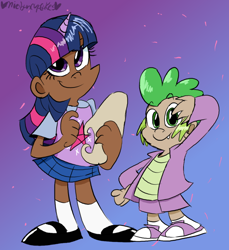 Size: 732x800 | Tagged: safe, artist:mirabuncupcakes15, character:spike, character:twilight sparkle, species:human, clothing, converse, dark skin, female, hoodie, horn, horned humanization, humanized, male, mary janes, scroll, shirt, shoes, short, skirt, socks, t-shirt, vest