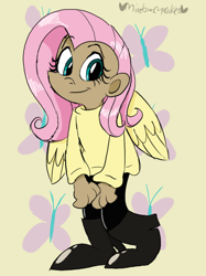 Size: 598x800 | Tagged: safe, artist:mirabuncupcakes15, character:fluttershy, species:human, boots, clothing, dark skin, female, humanized, jeans, pants, shoes, solo, sweater, sweatershy, winged humanization, wings