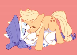 Size: 2048x1455 | Tagged: safe, artist:chapaghettii, character:applejack, character:rarity, species:earth pony, species:pony, species:unicorn, ship:rarijack, female, kissing, lesbian, lying down, pinned, pinned down, red background, shipping, simple background, tickling