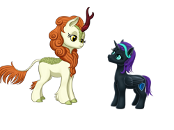 Size: 1600x1200 | Tagged: safe, artist:vasillium, character:autumn blaze, oc, oc:nyx, species:alicorn, species:kirin, species:pony, accessories, alicorn oc, cutie mark, ears up, eyelashes, female, filly, headband, horn, looking at each other, mare, moon, nostrils, poker face, shield, simple background, staring contest, transparent background, wings