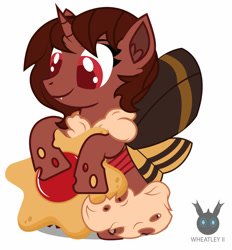 Size: 1045x1127 | Tagged: safe, artist:wheatley r.h., derpibooru original, oc, oc only, oc:red flux, species:changeling, species:mothpony, species:pony, changeling oc, cookie, female, fluffy tail, food, giant cookie, happy, holding, horn, mane, mare, original species, red changeling, red eyes, simple background, solo, vector, watermark, white background
