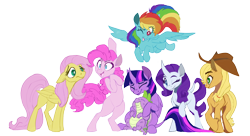 Size: 5500x3000 | Tagged: safe, artist:veesocks, character:applejack, character:fluttershy, character:pinkie pie, character:rainbow dash, character:rarity, character:spike, character:twilight sparkle, character:twilight sparkle (alicorn), species:alicorn, species:earth pony, species:pegasus, species:pony, species:unicorn, absurd resolution, clothing, cute, eyes closed, flying, group shot, hat, hug, leonine tail, mane seven, mane six, open mouth, simple background, smiling, standing, transparent background