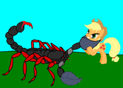 Size: 511x366 | Tagged: safe, artist:avispaneitor, character:applejack, species:earth pony, species:pony, beast wars, crossover, duo, female, fight, imminent decapitation, mare, predacon, scorponok, this will end in death, transformers