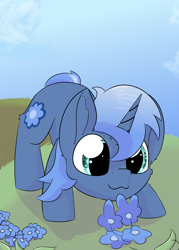 Size: 2362x3307 | Tagged: safe, artist:jubyskylines, oc, oc only, oc:paamayim nekudotayim, species:pony, species:unicorn, cloud, cute, face down ass up, field, flower, leaning forward, ocbetes, sky, sniffing, solo