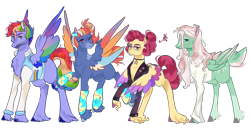 Size: 2296x1189 | Tagged: safe, artist:bunnari, character:bow hothoof, character:gentle breeze, character:posey shy, character:windy whistles, alternate design, clothing, colored wings, headcanon, headcanon in the description, multicolored wings, simple background, transparent background, wings