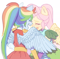 Size: 2048x2016 | Tagged: safe, artist:chapaghettii, character:fluttershy, character:rainbow dash, ship:flutterdash, my little pony:equestria girls, clothing, crystal guardian, eyes closed, female, lesbian, open mouth, ponied up, ponytail, shipping, shoulder pads, simple background, smiling, uniform, white background