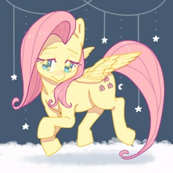 Size: 2048x2048 | Tagged: safe, artist:chapaghettii, character:fluttershy, species:pegasus, species:pony, crescent moon, cute, female, head turn, high res, lidded eyes, mare, moon, night, shyabetes, solo, spread wings, stars, wings