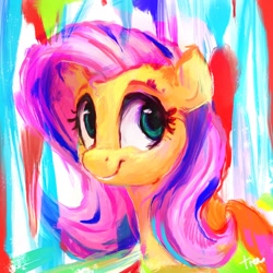 Size: 2048x2048 | Tagged: safe, artist:thefloatingtree, character:fluttershy, species:pony, abstract background, bust, colorful, female, high res, looking at you, mare, painterly, portrait, smiling, solo, stray strand, three quarter view