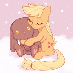 Size: 2048x2048 | Tagged: safe, artist:chapaghettii, artist:char, artist:charlattes, character:applejack, species:earth pony, species:pony, species:rabbit, animal, cute, female, high res, jackabetes, plushie, sleeping, solo, stars, younger