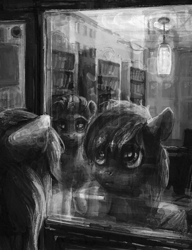 Size: 1380x1799 | Tagged: safe, artist:nemo2d, character:rainbow dash, character:rarity, species:pegasus, species:pony, species:unicorn, fanfic:salvation, duo, fanfic art, grayscale, monochrome, reflection, window