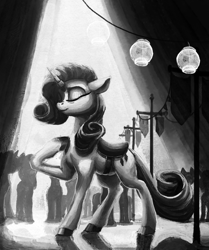 Size: 1380x1653 | Tagged: safe, artist:nemo2d, character:rarity, species:pony, species:unicorn, fanfic:salvation, crowd, eyes closed, fanfic art, female, grayscale, mare, monochrome, raised hoof, saddle, silhouette, solo focus, tack