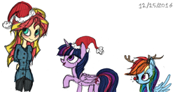 Size: 1720x910 | Tagged: safe, artist:great-5, character:rainbow dash, character:sunset shimmer, character:twilight sparkle, character:twilight sparkle (alicorn), species:alicorn, species:pony, my little pony:equestria girls, 2016, christmas, christmas 2016, clothing, hat, holiday, reindeer dash, rudolph dash, santa hat