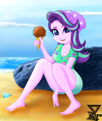 Size: 2200x2619 | Tagged: safe, artist:theretroart88, character:starlight glimmer, my little pony:equestria girls, adorasexy, arm between legs, barefoot, beach, beanie, beautiful, board shorts, breasts, busty starlight glimmer, clam, cleavage, clothing, cloud, cute, feet, female, food, glimmerbetes, happy, hat, ice cream, ice cream cone, legs, looking at you, multicolored hair, ocean, purple skin, rock, sand, seashell, sexy, shirt, shorts, sitting, smiling, smiling at you, snowcone, sultry pose, t-shirt, that human sure does love ice cream, water, watermark