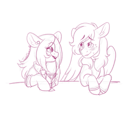 Size: 677x677 | Tagged: safe, artist:twisted-sketch, oc, oc only, oc:matilda, oc:valantis, species:pegasus, species:pony, blushing, clothing, cocktail glass, ear fluff, ear piercing, lineart, monochrome, necktie, pegasus oc, piercing, police, priest, sketch, smiling, wings