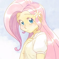 Size: 2048x2048 | Tagged: safe, artist:chapaghettii, character:fluttershy, my little pony:equestria girls, blouse, bust, cloud, cute, female, flower, flower in hair, high res, looking at you, shyabetes, sky, solo