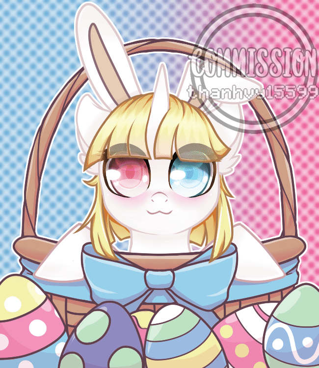 Size: 650x750 | Tagged: safe, artist:thanhvy15599, oc, oc:jiu jiu, species:alicorn, species:pony, animated, basket, blinking, bow, bunny ears, commission, easter, easter egg, gif, heterochromia, holiday, solo, watermark, ych animation, ych result