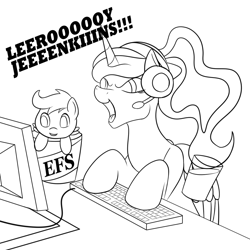 Size: 1500x1500 | Tagged: safe, artist:darnelg, character:princess luna, character:scootaloo, species:alicorn, species:pegasus, species:pony, gamer luna, computer, cup, dexterous hooves, female, filly, glare, grin, headset, keyboard, leeroy jenkins, lineart, mare, meme, no catchlights, no pupils, open mouth, scootachicken, simple background, sitting, smiling, smirk, tongue out, warcraft, wat, white background, wings, world of warcraft