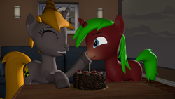 Size: 1920x1080 | Tagged: safe, artist:marianokun, oc, oc only, oc:marianokun, oc:nuclear fusion, species:pony, species:unicorn, 3d, birthday, birthday cake, birthday hats, boop, cake, eyes closed, food, happy, portal (valve), source filmmaker, table, the cake is a lie