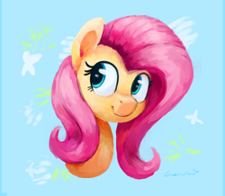 Size: 3100x2700 | Tagged: safe, artist:aemantaslim, character:fluttershy, species:pony, blue background, bust, cute, female, high res, mare, portrait, shyabetes, simple background, solo