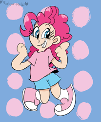 Size: 663x800 | Tagged: safe, artist:mirabuncupcakes15, character:pinkie pie, species:human, clothing, converse, female, humanized, rin, shirt, shoes, shorts, socks, solo, t-shirt