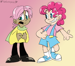 Size: 800x708 | Tagged: safe, artist:mirabuncupcakes15, character:fluttershy, character:pinkie pie, species:human, bubble berry, butterscotch, clothing, converse, dark skin, duo, grin, humanized, jeans, male, open mouth, overalls, pants, rule 63, scarf, shoes, shorts, smiling, socks, sweater