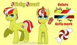 Size: 1500x875 | Tagged: safe, artist:thanhvy15599, oc, oc:sticky sweet, species:pony, species:unicorn, blue eyes, candy, commission, food, magic, male, reference sheet, simple background, solo, stallion, yellow background