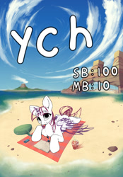 Size: 661x952 | Tagged: safe, artist:hitbass, oc, species:bat pony, species:earth pony, species:kirin, species:pegasus, species:pony, species:unicorn, species:zebra, beach, commission, solo, ych example, your character here