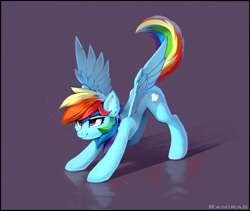 Size: 1587x1338 | Tagged: safe, artist:ramiras, artist:shuxer59, character:rainbow dash, species:pegasus, species:pony, behaving like a cat, cute, dashabetes, ear fluff, female, iwtcird, mare, meme, particles, raised tail, reflection, simple background, solo, spread wings, stretching, tail, wings