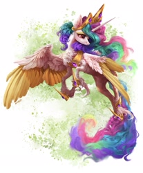 Size: 2033x2455 | Tagged: safe, artist:makkah-chan, artist:rossignolet, character:princess celestia, species:alicorn, species:pony, cheek fluff, chest fluff, colored wings, colored wingtips, crown, ear fluff, female, fluffy, flying, high res, hoof shoes, jewelry, leg fluff, mare, neck fluff, regalia, solo, two toned wings, unshorn fetlocks, wing fluff, wings