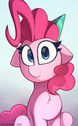 Size: 1800x2880 | Tagged: safe, artist:perezadotarts, derpibooru original, character:pinkie pie, species:earth pony, species:pony, chest fluff, clothing, colored, cute, diapinkes, digital art, female, happy birthday, hat, looking at you, party hat, simple background, smiling, solo, text