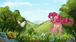 Size: 2500x1406 | Tagged: safe, artist:enderselyatdark, character:pinkie pie, species:earth pony, species:pony, butterfly, cute, diapinkes, eyes closed, female, flower, forest, grass, hill, jumping, open mouth, pronking, scenery, solo, tree