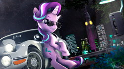 Size: 3840x2160 | Tagged: safe, artist:whiteskyline, character:starlight glimmer, 3d, city, cityscape, glasses, light, looking at you, night, phone, road, signature, source filmmaker, toyota, toyota 2000gt, tree