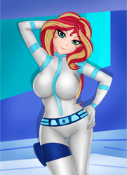 Size: 1417x1962 | Tagged: safe, artist:anonix123, character:sunset shimmer, species:human, armpits, battle suit, bodysuit, breasts, busty sunset shimmer, clothing, cosplay, costume, crossover, disney, female, humanized, kim possible, looking at you, pose, solo