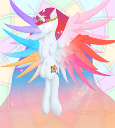 Size: 900x1000 | Tagged: safe, artist:tunrae, oc, oc:concordia, species:alicorn, species:pony, alicorn oc, colored wings, commission, element of generosity, element of honesty, element of kindness, element of laughter, element of loyalty, element of magic, elements of harmony, glowing eyes, horn, laurel wreath, multicolored hair, multicolored wings, multiple wings, simple background, sneaky signature, solo, spread wings, stained glass, transparent mane, wings