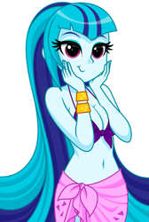 Size: 859x1281 | Tagged: safe, artist:rosemile mulberry, character:sonata dusk, my little pony:equestria girls, alternate hairstyle, belly button, bikini, bracelet, breasts, busty sonata dusk, cleavage, clothing, cute, female, front knot midriff, jewelry, looking at you, midriff, sarong, smiling, solo, sonatabetes, swimsuit, very long hair