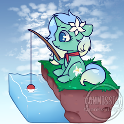 Size: 780x780 | Tagged: safe, artist:thanhvy15599, oc, oc only, oc:lily pond, species:pony, species:unicorn, chibi, commission, female, fishing, fishing rod, flower, flower in hair, mare, solo, ych result