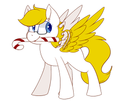 Size: 1000x800 | Tagged: safe, artist:jetjetj, oc, oc only, oc:gizmo gears, species:pegasus, species:pony, amputee, artificial wings, augmented, candy, candy cane, cute, female, food, glasses, mare, pegasus oc, prosthetic limb, prosthetic wing, prosthetics, solo, white coat, wings