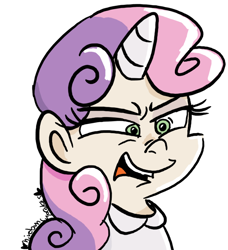 Size: 728x800 | Tagged: safe, artist:mirabuncupcakes15, character:sweetie belle, species:human, clothing, disgusted, do not want, eyeshadow, female, horn, horned humanization, humanized, makeup, open mouth, redraw, shirt, simple background, solo, white background
