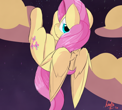 Size: 2598x2362 | Tagged: safe, artist:jubyskylines, character:fluttershy, species:pegasus, species:pony, cloud, cute, female, looking at you, looking back, looking back at you, mare, night, on back, outdoors, shyabetes, smiling, solo, stars, three quarter view, wings