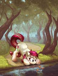 Size: 3000x3943 | Tagged: safe, artist:amishy, artist:shadowreindeer, character:roseluck, species:earth pony, species:pony, g4, cheek fluff, collaboration, cute, cuteluck, dappled sunlight, doctor who, female, flower, forest, mare, path, river, scenery, scenery porn, smiling, solo, tardis