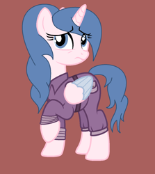 Size: 1080x1212 | Tagged: safe, artist:lominicinfinity, base used, oc, oc:sparkburst, species:alicorn, species:pony, brown background, clothing, female, jumpsuit, mare, simple background, solo, two toned wings, wings